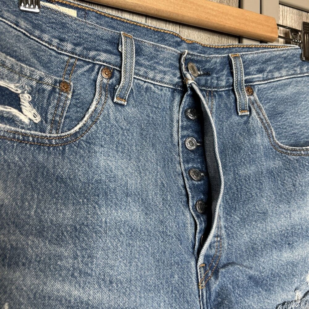 Levi’s Denim Shorts High Rise Cutout Button Fly Raw Hem Blue - Picture 2 of 10